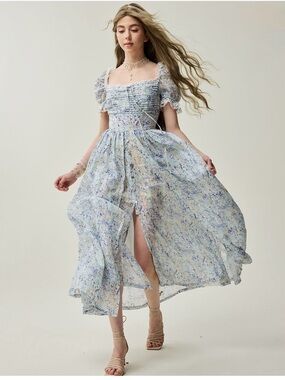 Linennaive Monet Haze 26 Dress Fairy Layered Midi Linen Dress w/Pintucks Floral